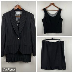 Tahari Arthur S. Levine Black White Pinstripe 3 Piece Tank Skirt Suit Size 14
